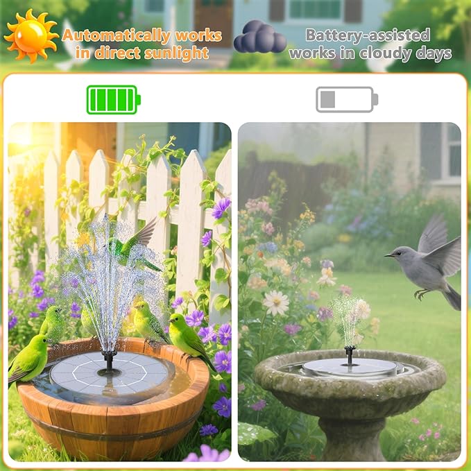AISITIN 2.8W Solar Fountain Pump for Bird Bath Upgraded 2026, Floating Solar Powered Water Fountain Built-in 1000mAh Battery with 7 Nozzles & 3 Integrated Bracket for Bird Bath and Outdoor Garden