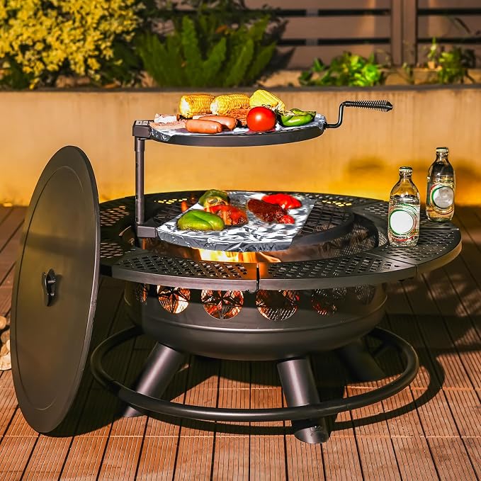36 Inch Fire Pit with 2 Cooking Grills,Outdoor Wood Burning BBQ Firepit with Lid, 3-in-1 Outdoor Fire Pit for Backyard Deck Bonfire Patio Picnic(Black) - Image 2