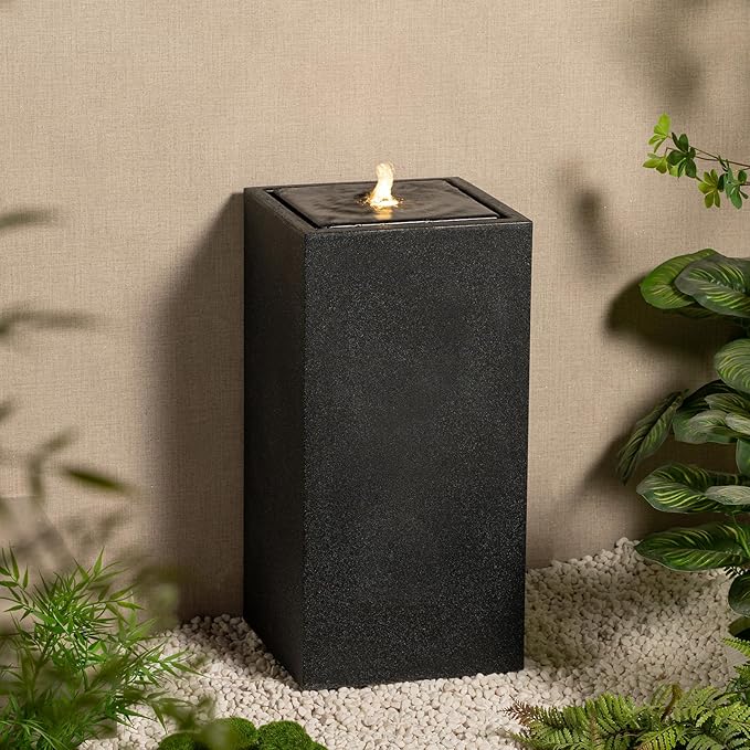 13.26” H Outdoor Water Fountain Made with Eco-Friendly Recyclable Materials, Polyethylene Square Bubbler Outdoor Fountain, Garden Decor with LED Light for Patio, Porch, Backyard (25.98”)