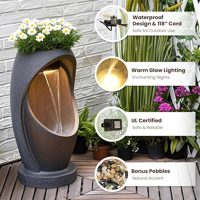 Waterfalll Water Fountain Outdoor Garden Patio Freestanding Fountains Water Feature with LED Lights, Planter Groove and Oval Cutout Design for Backyard Deck Porch Home Decor, Brown