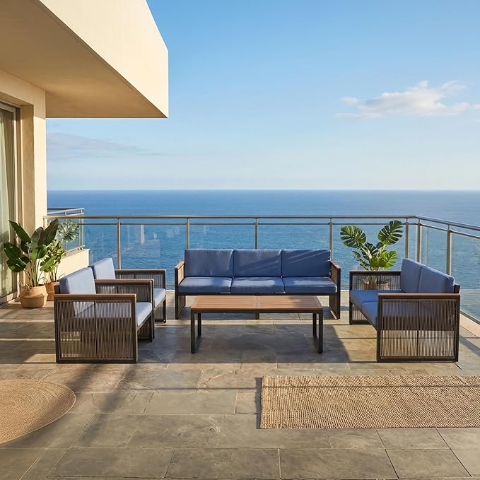 5 Piece Patio Conversation Set for 7, Modular Patio Sofa Couch with Cushions, Rattan Outdoor Patio Furniture Set with Loveseat/Coffee Table, Outdoor Sectional Furniture for Deck/Porch, Blue