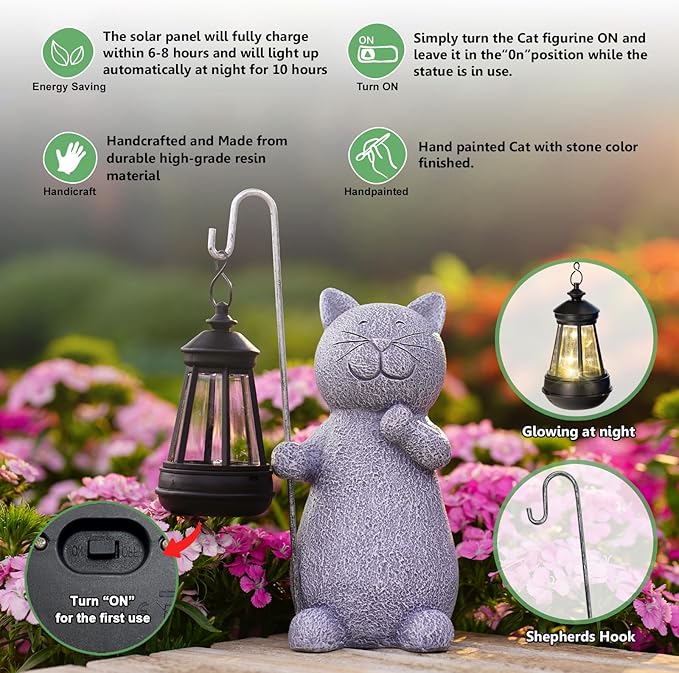 Qeeman Solar Cat for Garden Decor: Weatherproof Resin Statues with Lantern for Outdoor Outside Yard Pathway Patio Porch Balcony Decorations - Gifts for Mom Grandma Cat Lovers