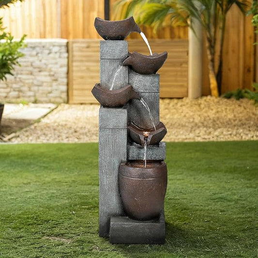 SunJet 5-Tier Modern Water Fountain, Outdoor/Indoor Resin Water Fountains with Soothing Water Sounds & Warm LED Light, Perfect for Garden, Patio, Home & Office, 13.7" L x 13.3" W x 39.7" H