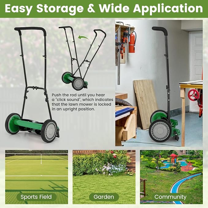 16-inch 5-Blade Push Reel Lawn Mower, Walk-Behind Grass Cutter w/Removable 7 Gallon Grass Catcher Bag & Adjustable Cutting Height, Cordless Manual Lawn Mower for Garden, Lawn, Yard (Green) - Image 9