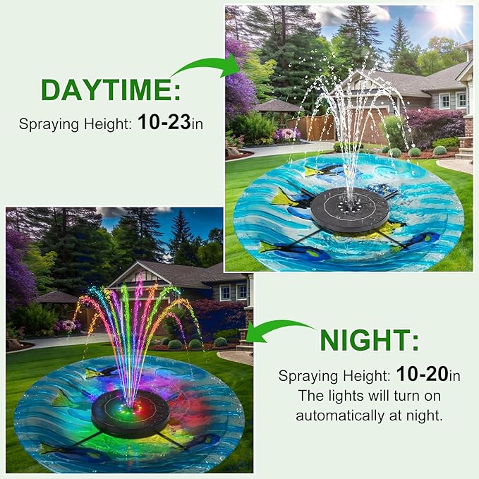 Solar Fountain Pump with 3 Spray Height Adjustments, Upgraded Glass Solar Bird Bath Fountains with LED Lights,6 Nozzles,Outdoor Solar Water Fountain Pump for Bird Bath, Garden, Pool, Pond