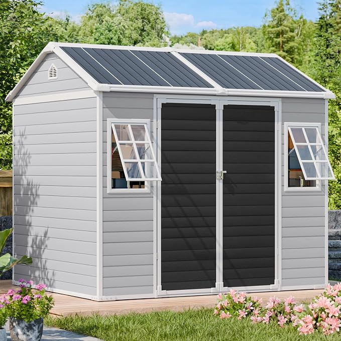 WACASA 8x6 FT Resin Plastic Shed with Floor, Heavy-Duty 21-Gauge Reinforced Steel Frame, 16mm Ultra-Thick Panels, Outdoor Storage Sheds with Awning Windows, Air Vents by WACASA