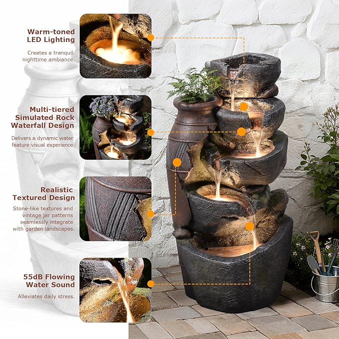 5 Tiered Rock Water Fountain Outdoor with Vintage Jar, Cascading Waterfall Fountain with LED Lights, Outdoor Fountains for Garden or Patio, Yard, and Deck Decor, 16.5" L x 12.6" W x 31.7" H