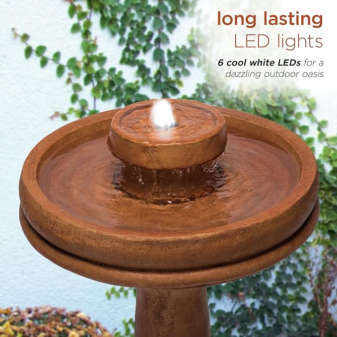 Alpine Corporation TZL202 Outdoor Floor Vintage Pedestal Water Fountain with Bird Bath and LED Lights, 29", Brown