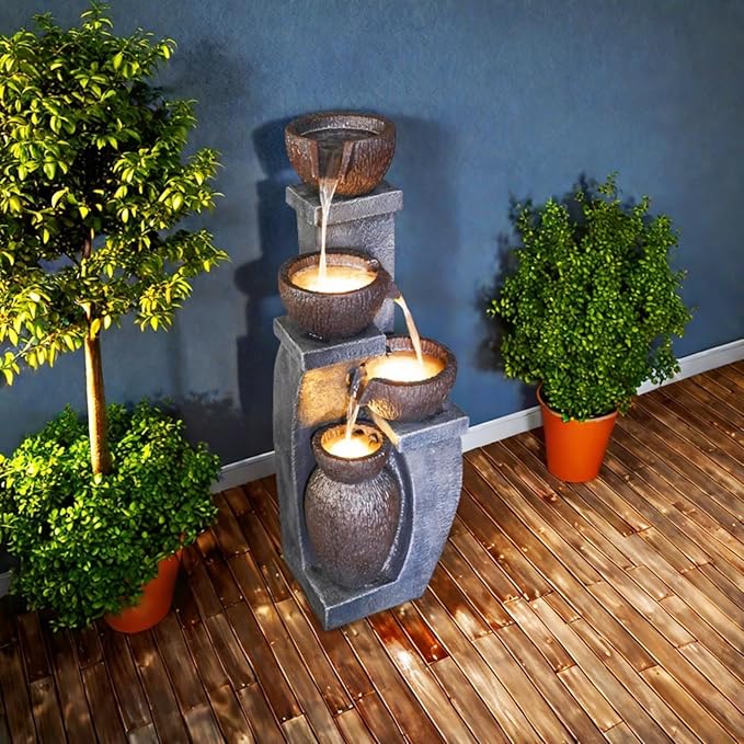Supmix Outdoor Garden Water Fountain for Garden Patio Backyard Deck Porch and Home Art Decor 4 Tiers Modern Cascading Outdoor Fountains with Lights 37.4”H