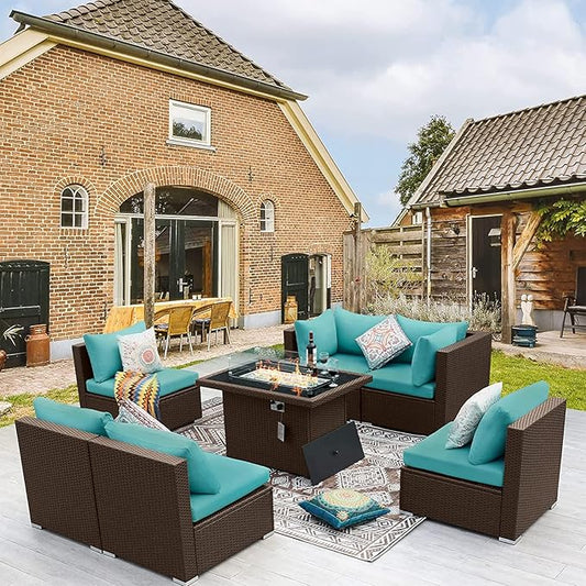 BULEXYARD 7-Piece Outdoor Patio Furniture Set with Propane/Natural Gas Fire Pit Table, High-Back Large Size Outside Sectional Couch Sofa, Comfy Wide Deep Seats for Yard, Brown Rattan & Teal Cushion