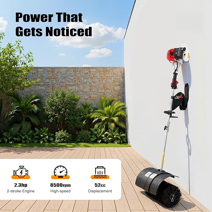 2-Stroke Lawn Sweeper, 52CC 2.3HP Gas Handheld Sweeper Artificial Grass Brush Gas Powered Broom Engine Broom Cleaner Tools with 33.8oz Fuel Tank for Sweeping Boulevards Driveways Sidewalks - Image 4