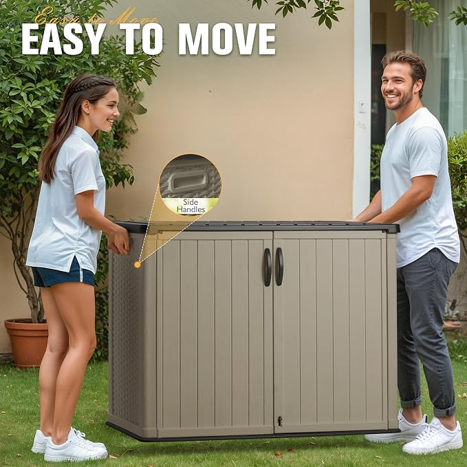 Greesum Outdoor Horizontal Storage Sheds 27 Cu.ft Resin Large Storaged Box Weather Resistance, Without Shelf, Easy to Assemble, Prefect for Garden, Patios, Backyards, Beige - Image 4