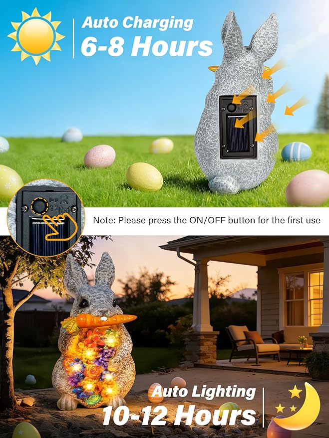 Solar Garden Statues, Outdoor Solar Bunny Easter Decor with Succulent and 6 LED Lights, Outside Yard Figurine Decor for Garden, Lawn, Patio, Balcony, Porch, Unique Gifts for Mom Grandma