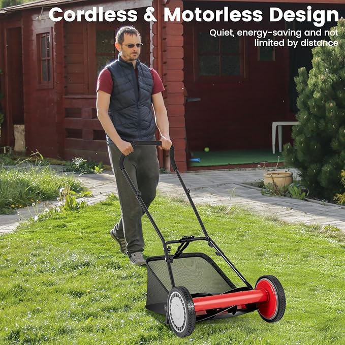 16-inch 5-Blade Push Reel Lawn Mower, Walk-Behind Grass Cutter w/Removable 7 Gallon Grass Catcher Bag & Adjustable Cutting Height, Cordless Manual Lawn Mower for Garden, Lawn, Yard (Red) - Image 2