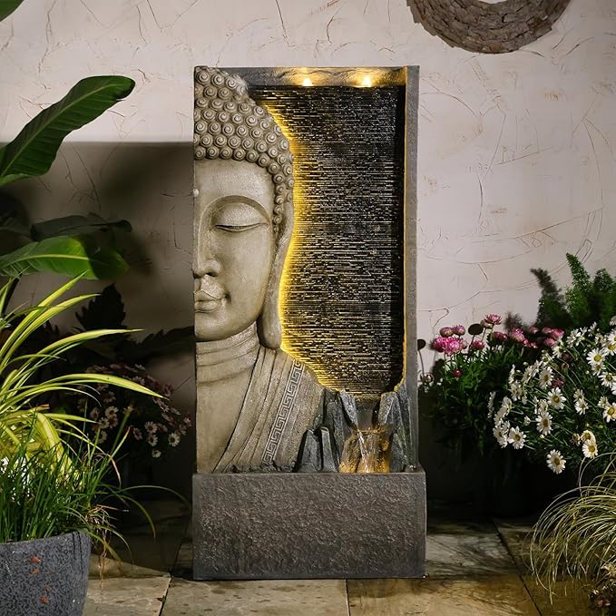 47.5" Buddha Water Fountain Outdoor with LED Lights, Large Zen Garden Waterfall Feature with Double Bubblers and Stream, Resin Statue for Patio, Yard, Porch, Meditation Decor
