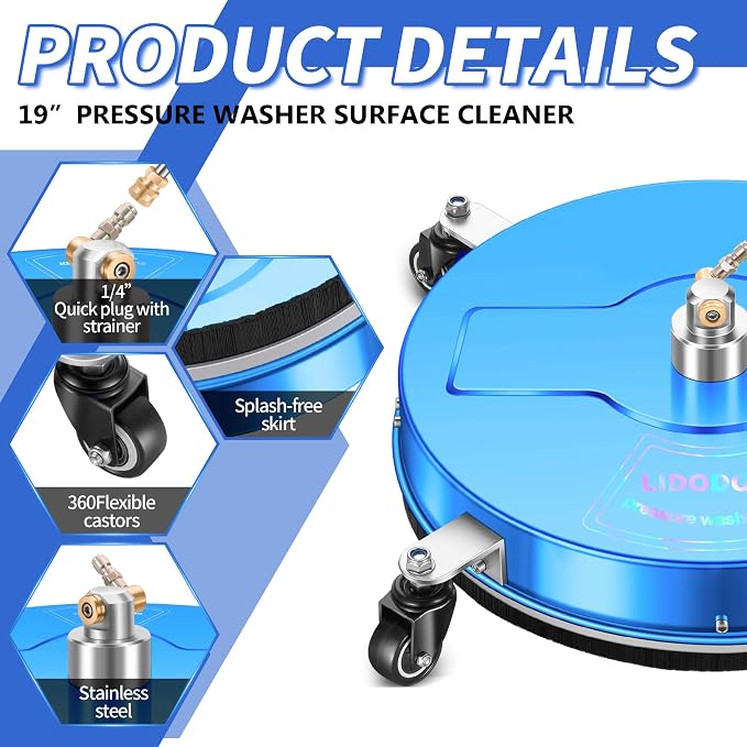 LidoDola 19'' Pressure Washer Surface Cleaner with 4 Wheels - Stainless Steel Surface Cleaner for Pressure Washer Attachment for Concrete, Driveway, Patio, Sidewalk, Deck and Driveways (19 INCH Blue) - Image 3