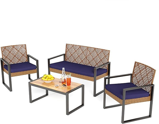 PHI VILLA Patio Wicker Furniture Set for 4, Brown Rattan Loveseat & Chairs with Blue Cushions & Acacia Wood Coffee Table, Outdoor Modern Sectional Conversation Sofa Set for Deck, Yard, Porch