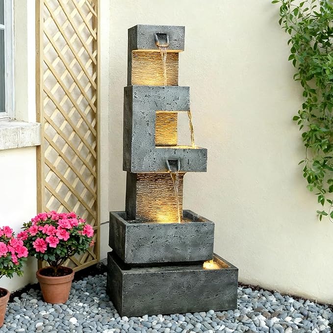 48" Tall Modern 4-Tier Outdoor Water Fountain with LED Lights, Freestanding Cascading Waterfall for Garden, Patio, Porch & Yard Décor Outdoor Clearance