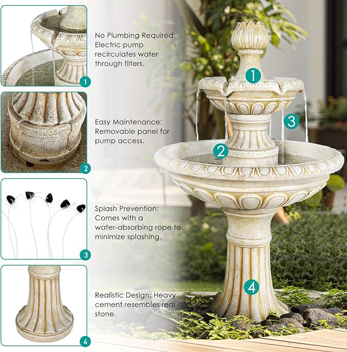 SunJet 40.5" High 3-Tiers Modern Concrete Outdoor Water Fountain - Round Large Outdoor Fountains and Waterfalls for Garden, Patio, Yard, and Deck Decor, Featuring Natural Stone Look (Ivory, 40.5 inch)