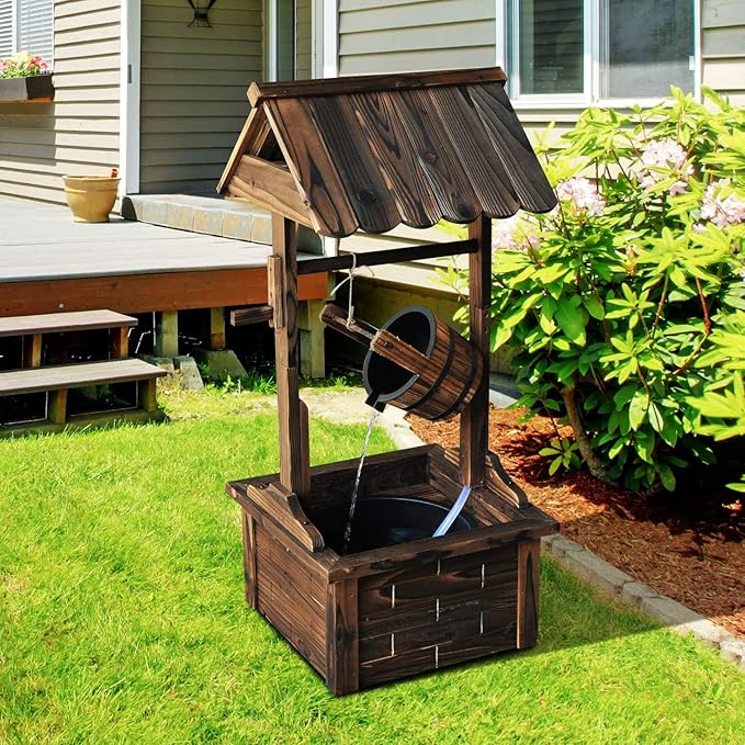 Wishing Well Wood Outdoor Patio Water Fountain with Pump