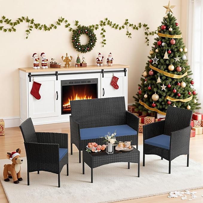 4 Pieces Patio Furniture Set Outdoor Conversation Set Rattan Furniture Set Wicker Chairs and Sofa with Glass Table for Porch Pool Backyard Garden,Navy Blue