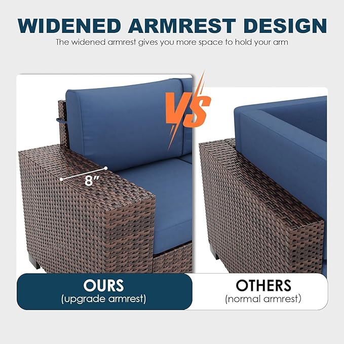 5 Piece Patio with Fire Pit Table, Wide Armrest Modular Outdoor Conversation Brown PE Wicker Rattan Sectional Sofa, 4" Thickened Cushion, Navy Blue