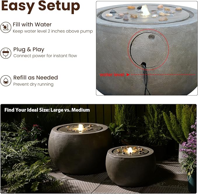 Garden Medium Water Fountain Outdoor Bubbler Water Feature Indoor with Lights & Pump and Pebbles Waterfall Fountains for Patio Deck Yard Home Decor Gray, 18 "L x 18" W x 11.5" H