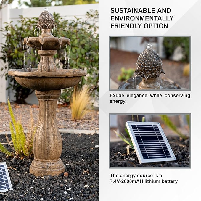 XBrand 44" Solar Powered 2-Tier Outdoor Water Fountain, Fiberglass Resin Garden Bird Bath Fountain with Auto Shut-Off Pump