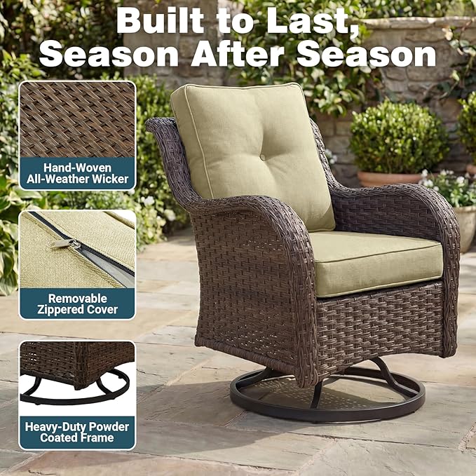 Patio Furniture Set, 5PCS Outdoor Wicker Conversation Set with 6" Thick Cushions, High Back Swivel Rocker Chairs, Weather Resistant Olefin Fabric for Garden, Poolside, Beige