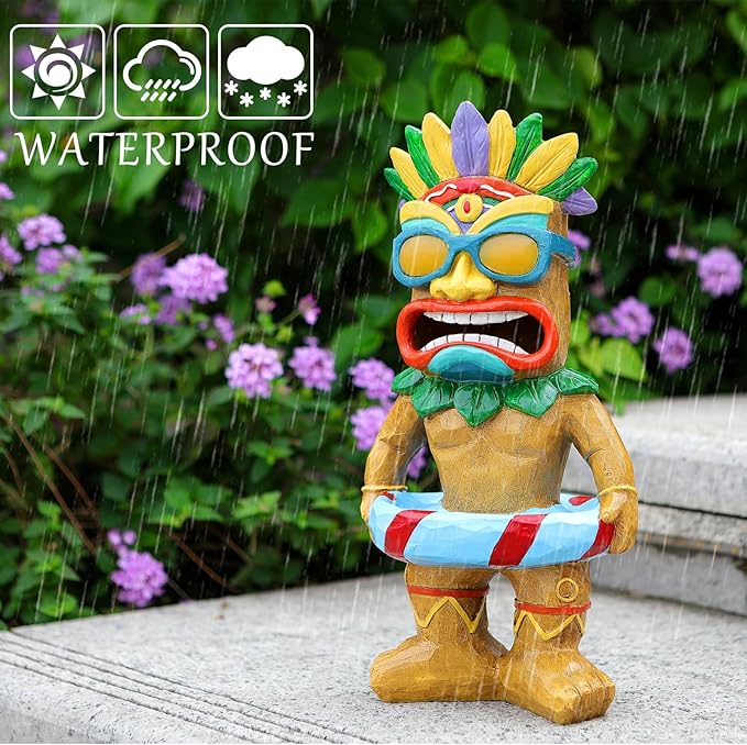 Tiki Staue, Outdoor statue with Solar Eyes, Tikis Bar Decor with Solar Light, Tikis Pool Decor, Garden Statues with Swim Ring, Tiki Porch Patio Decorations, Tiki Figurine Gift for Mom Women Friends