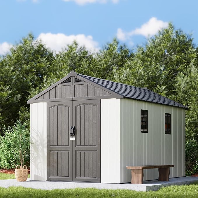 Patiowell 8x12 FT Outdoor Storage Shed, Plastic Shed Resin Garden Shed with Floor & Window & Lockable Door for Patio Furniture, Backyard Tools, Bicycles & Lawnmower, Beige by Patiowell