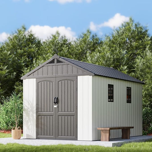 Patiowell 8x12 FT Outdoor Storage Shed, Plastic Shed Resin Garden Shed with Floor & Window & Lockable Door for Patio Furniture, Backyard Tools, Bicycles & Lawnmower, Beige by Patiowell
