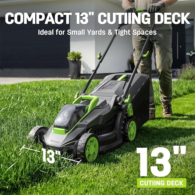 13-Inch Cordless Electric Lawn Mower, 21V Brushless Battery Push Mower with 4.0Ah Battery & Charger, 5-Position Height Adjustment, 8-Gallon Grass Bag - Image 3