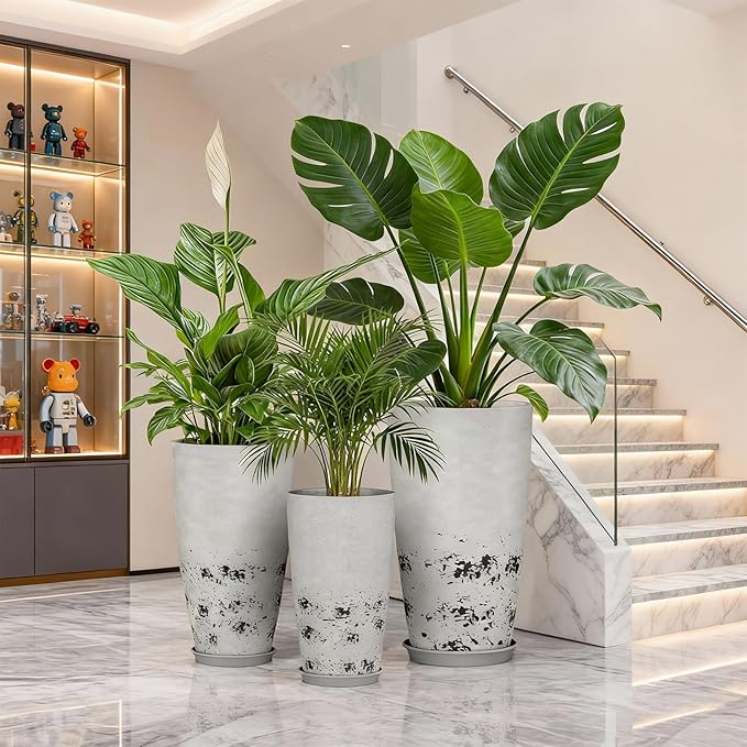 QCQHDU 24, 21, 18 inch Tall Planters for Outdoor Plants, with Drainage Hole & Saucer, Set of 3 Tall Outdoor Planter for Indoor & Outdoor Plants, Modern Home Decor