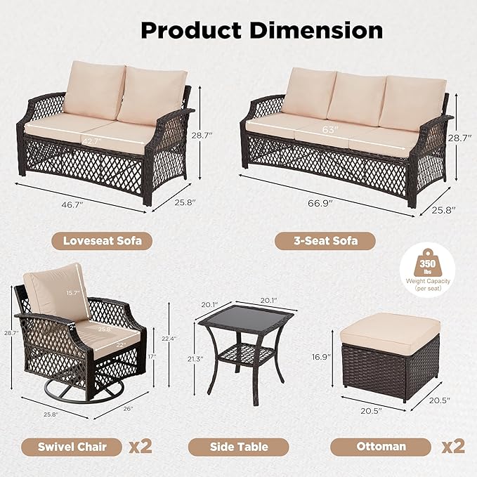HOMREST 7 Piece Patio Furniture Set, Wicker Outdoor Conversation Sofa Set with Swivel Chairs, 2 Ottomans, Glass Side Table, Rattan Outdoor Sectional for Deck Backyard Porch （9 Seats, Khaki