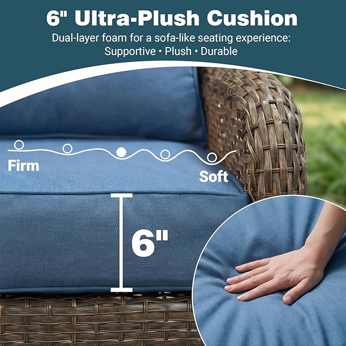 Patio Furniture Set, 5PCS Outdoor Wicker Conversation Set with 6" Thick Cushions, High Back Swivel Rocker Chairs, Weather Resistant Olefin Fabric for Garden, Poolside, Navy Blue