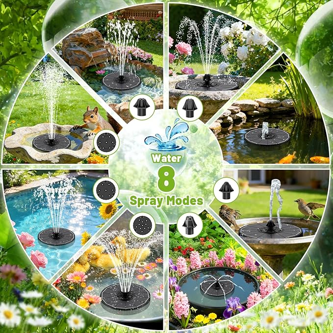 Solar Fountain with 3 Spray Height, Works in Shade, 3.5W Glass Solar Bird Bath Fountains with 2000mAh Battery and 4 Rotating Rods, 7 Nozzles, Outdoor Water Fountain Pump for Garden, Pool, Pond