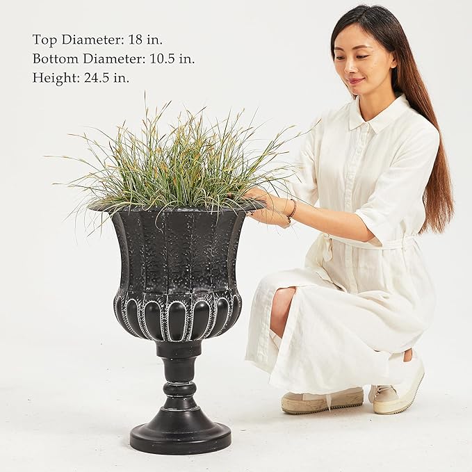 Worth Garden 25" H. Metal Urn Planters 1-Pack - Black Classic Antique Iron Plant Pots - Large Decorative Rustic Flower Pots for Outdoor Use - Traditional Urn Planter for Patio, Front Porch