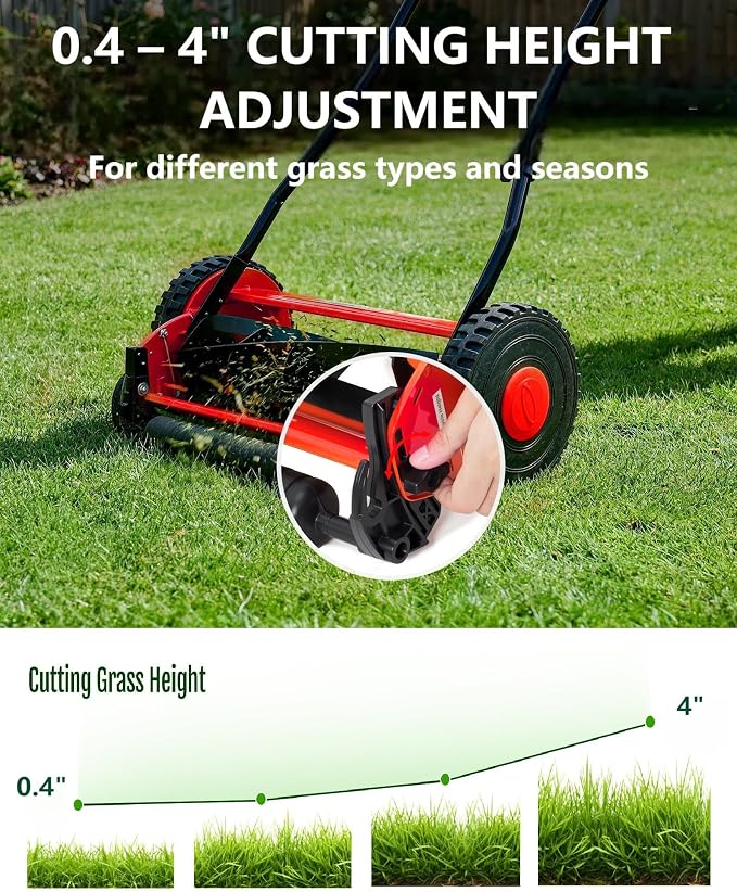 14-Inch Hand Push Reel Lawn Mower, 5-Blade Manual Push Lawnmower, 0.4-4" Adjustable Cutting Height, Lightweight for Small/Medium Yards, Easy Assembly, Compact & Quiet, Red - Image 4