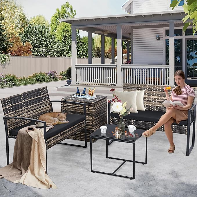 FHFO 4 Piece Outdoor Patio Furniture Set with Built-in Beverage Cooler Storage Box, Wicker Conversation Sets Patio Outdoor Loveseats & Coffee Table for Outside, Garden, Balcony, Porch, Yellow/Black
