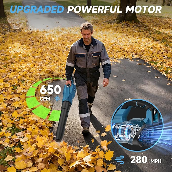 Leaf Blower Cordless, 650CFM Electric Leaf Blowers with 2 x 5.2Ah Batteries and Charger, 3 Speed Modes, 1 x Adjustable Shoulder Strap, Powerful Blowers for Lawn Care, Patio, Dust, Blowing Leaves - Image 2