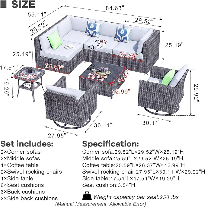 HOOOWOOO 8 Piece Patio Sectional Furniture Set with Swivel Rocking Chairs,Modern Wicker Outdoor Conversation Sofa Sets,Weather Resistant Modular L Shaped Outside Couch Set(Light Grey)