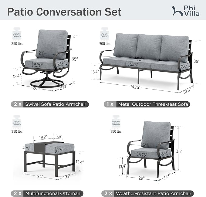 PHI VILLA 7 PCS Patio Furniture Set,Metal Outdoor Furniture with 1x 3 Seater Cushioned Deep Seating Bench Sofa, 2 Swivel Chair, 2 x Leg Chairs & 2 Ottoman for 7 Person, Grey