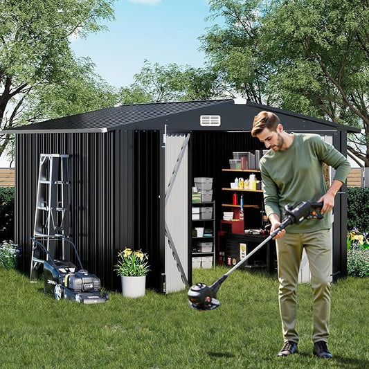 COMHOMA Shed Outdoor Storage Shed Metal,Lockable Doors Tool Sheds with Sloping Roof,Steel Garden Shed with Air Vent for Backyard,Patio,Lawn,Poolside(Grey,10'x10') by ComHoma