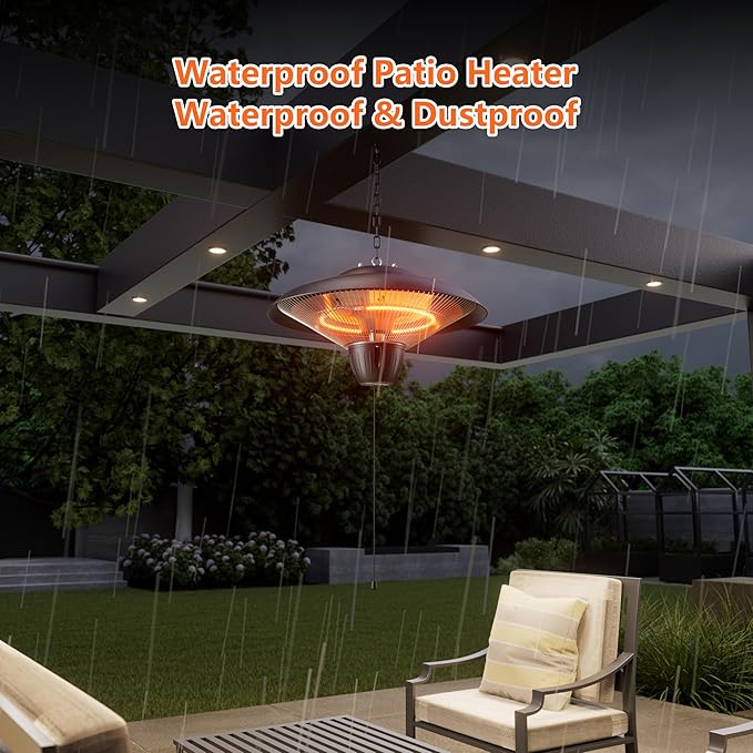 Patio Heater for Outdoor Use 1500W Electric Infrared Hanging Heater, Ceiling Mounted, Waterproof for Porch, Garage, Balcony, Overheat Protection Black