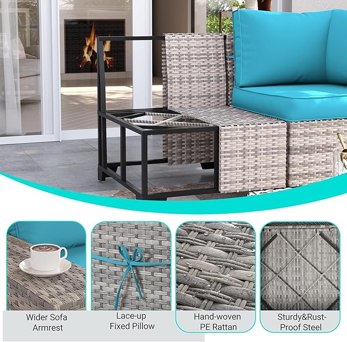 10-Piece Outdoor Patio Furniture Set with Rocking Swivel Chair, PE Wicker Rattan Sectional Sofa Patio Conversation Set with 55,000 BTU Fire Pit Table & Coffee Table, Turquoise