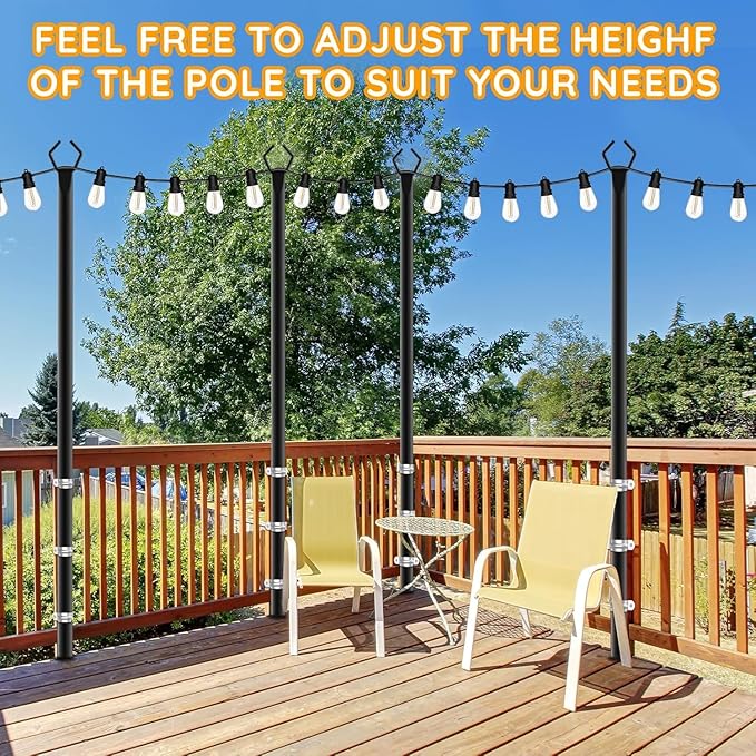 6 Pack String Light Poles, Outdoor String Light Pole 10 ft Forked Metal Light Pole with Adjustable Outdoor Light Stand, Deck, Backyard, Garden, Wedding, Rustproof and Sturdy with Hooks.