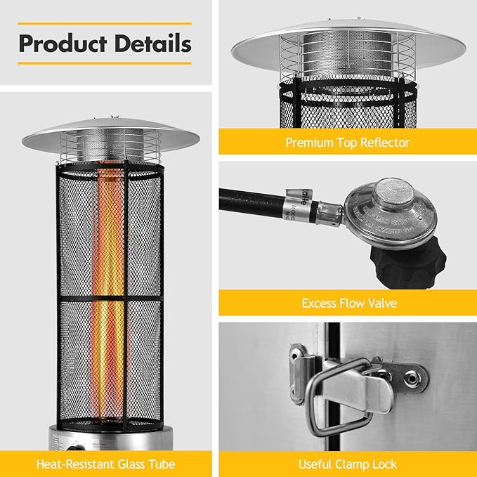 Tangkula Outdoor Heater, 40,000 BTU Stainless Steel Outdoor Patio Heater with Wheels, Quartz Glass Tube, Tip-over & Flameout Protection, Patio Heaters for Outdoor Use, Porch, Outside