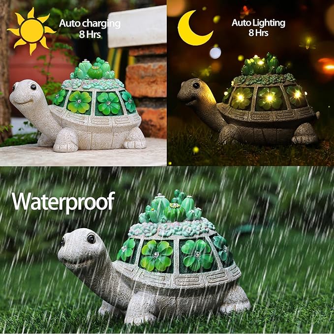 Solar Garden Outdoor Statues Turtle with Succulent and 7 LED Lights - Lawn Decor Tortoise Statue for Patio, Balcony, Yard Ornament - Unique Housewarming Gifts