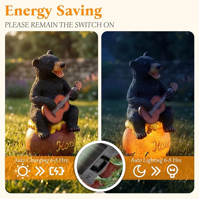 PETAFLOP Solar Bear Guitar Garden Decor, Outdoor Ornament for Patio Porch Yard, Heartwarming Housewarming Gift
